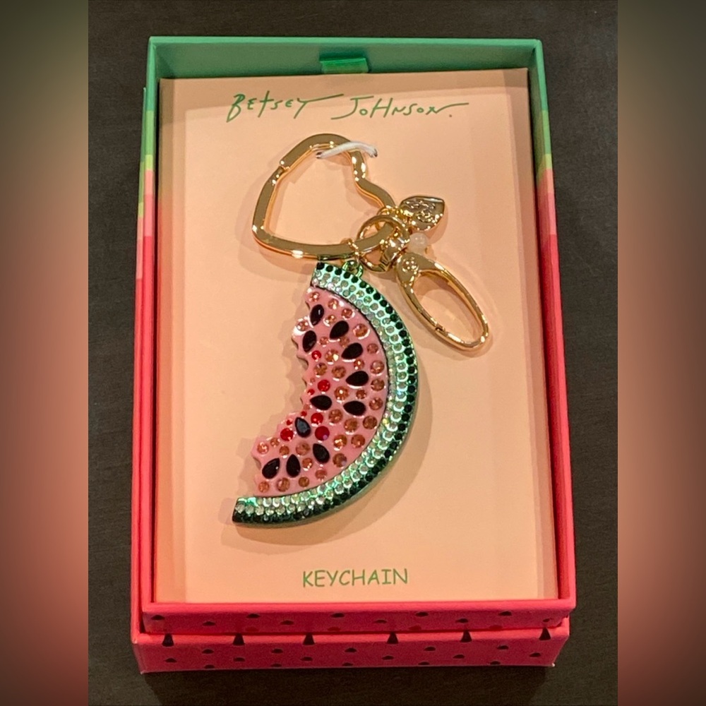Betsey Johnson Crystal Pink Green Watermelon Gold Tone Keychain Bag Charm